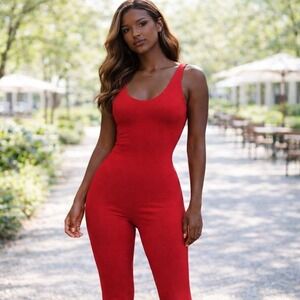 Red Velvet Sleeveless Full Length Jumpsuit Unitard